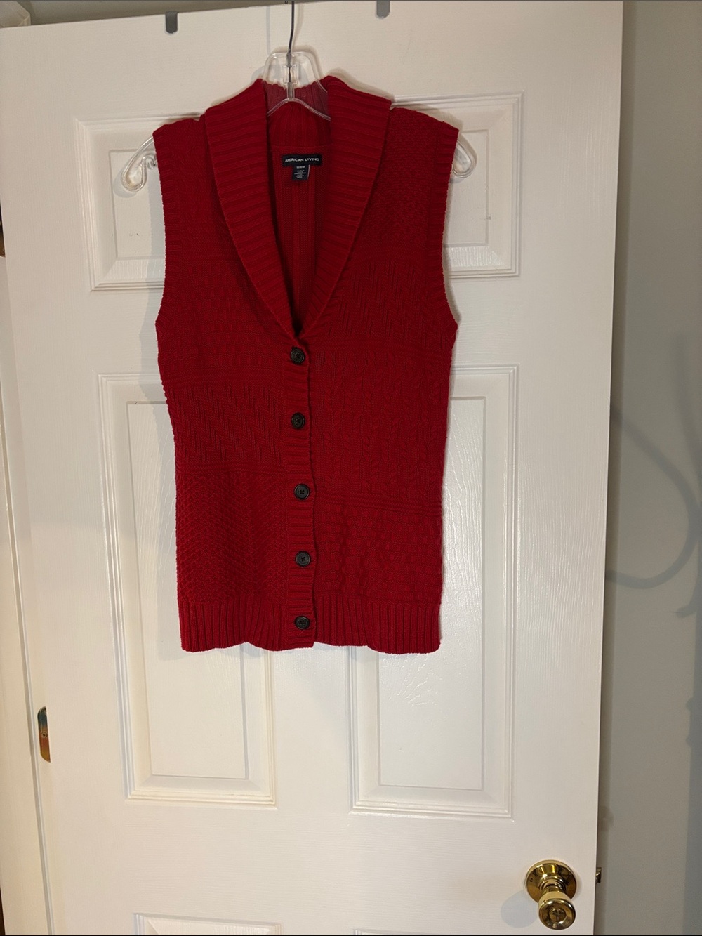 American Living Red Sleeveless Shawl-Collar Buttoned Knit Vest